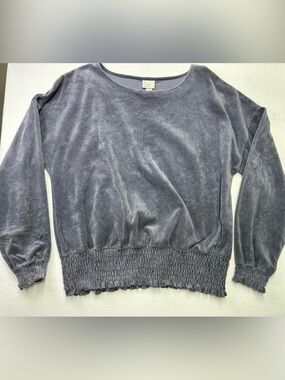 A New Day Velour Top Women’s Large Slate Gray Smocked Hem Luxe Soft